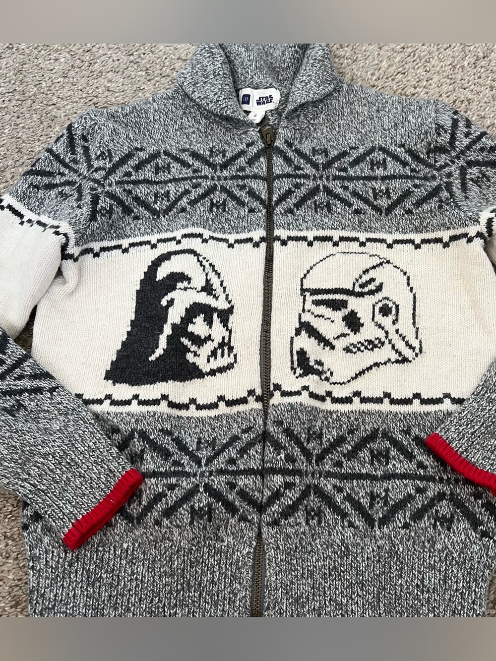 Star Wars Gap Grey, White & Red Knit Zip-Up Sweater Wool Blend Size 8